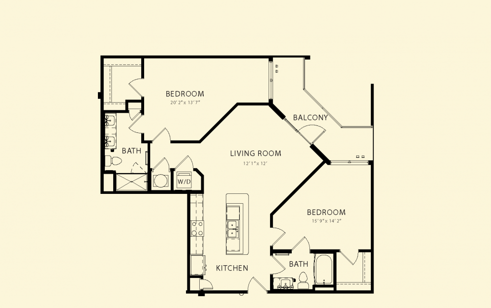 Floor plan for 2 beds, 2 baths, 1138 sqft